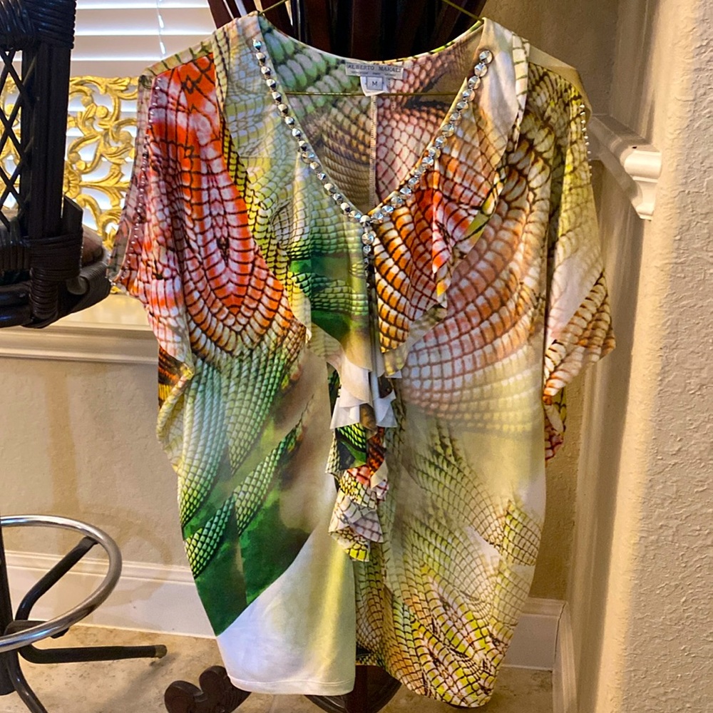 Alberto Makali- Size Medium Cold Shoulder Studded Short Sleeve Blouse
